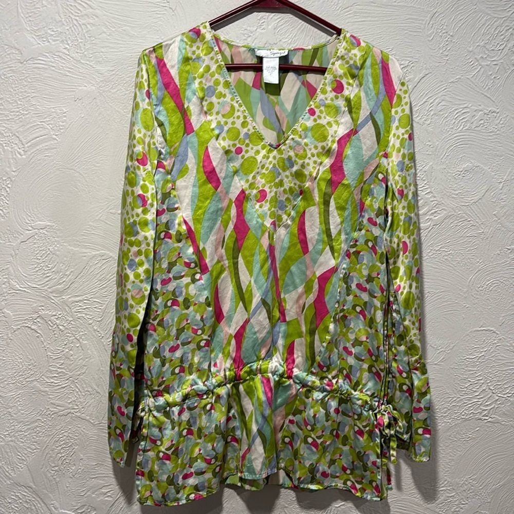 Spiegel Silk Abstract‎ Print Bell Sleeve Drawstring Tunic Styled Blouse Size Med